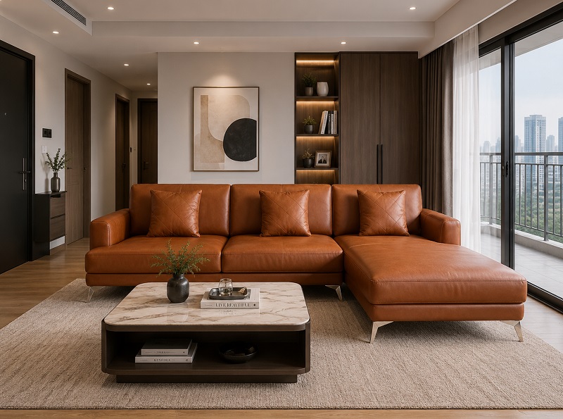 Bộ sofa da HNSOFA may đo trong phòng khách thật