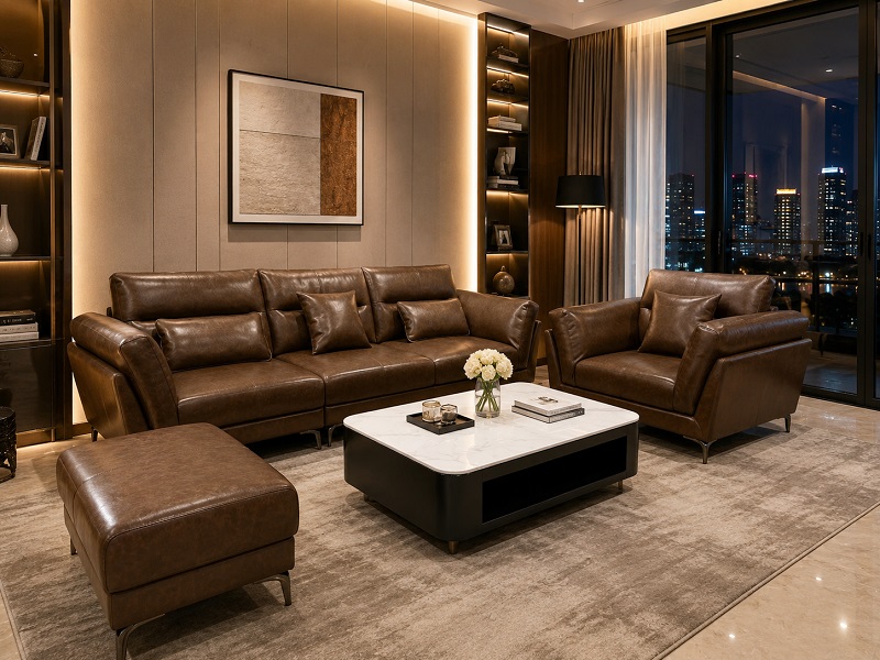 Sofa da Ryo phổ thông tông nâu